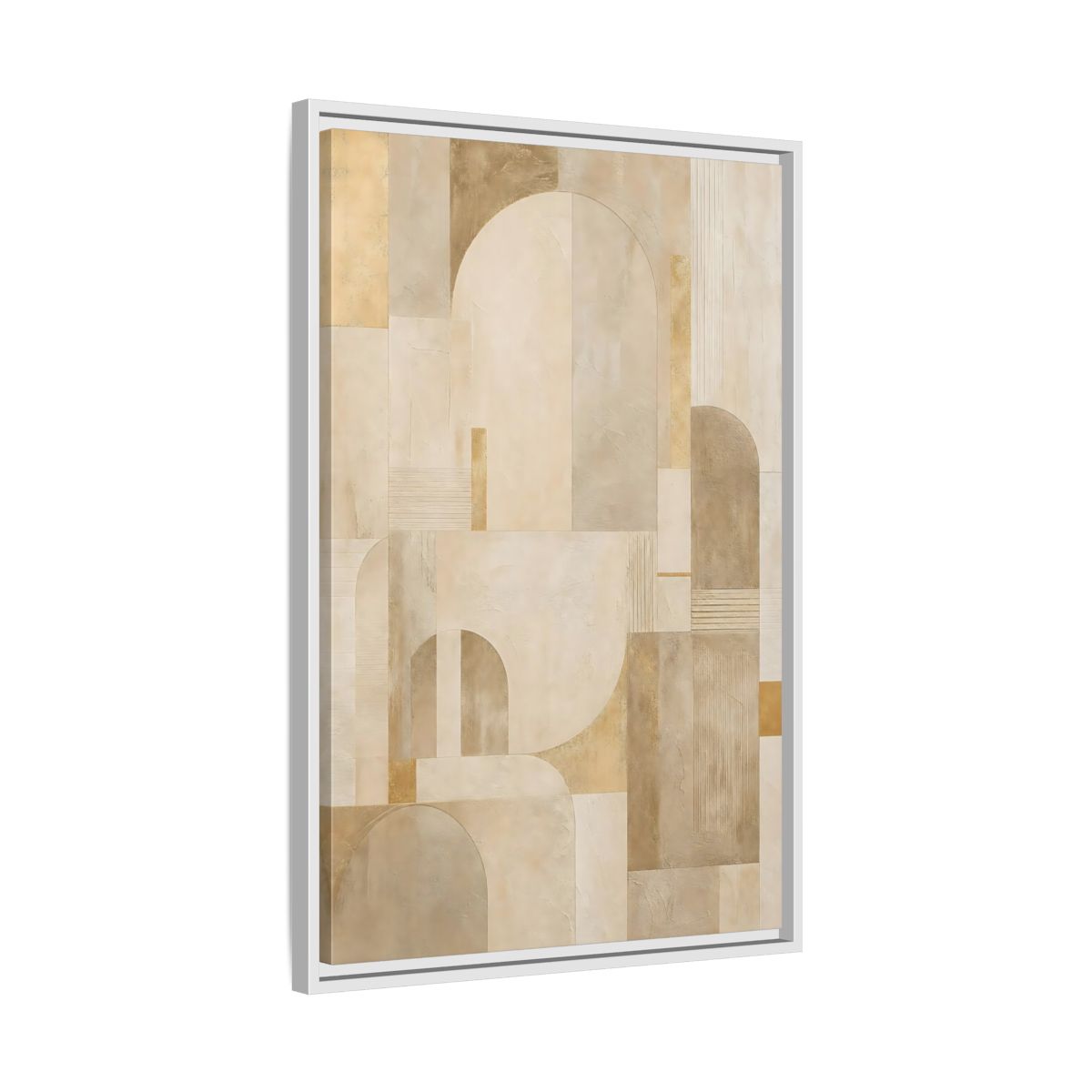 Side Mockup 10. Abstract Geometric Shapes Beige And Gold shown as stretched canvas wall art