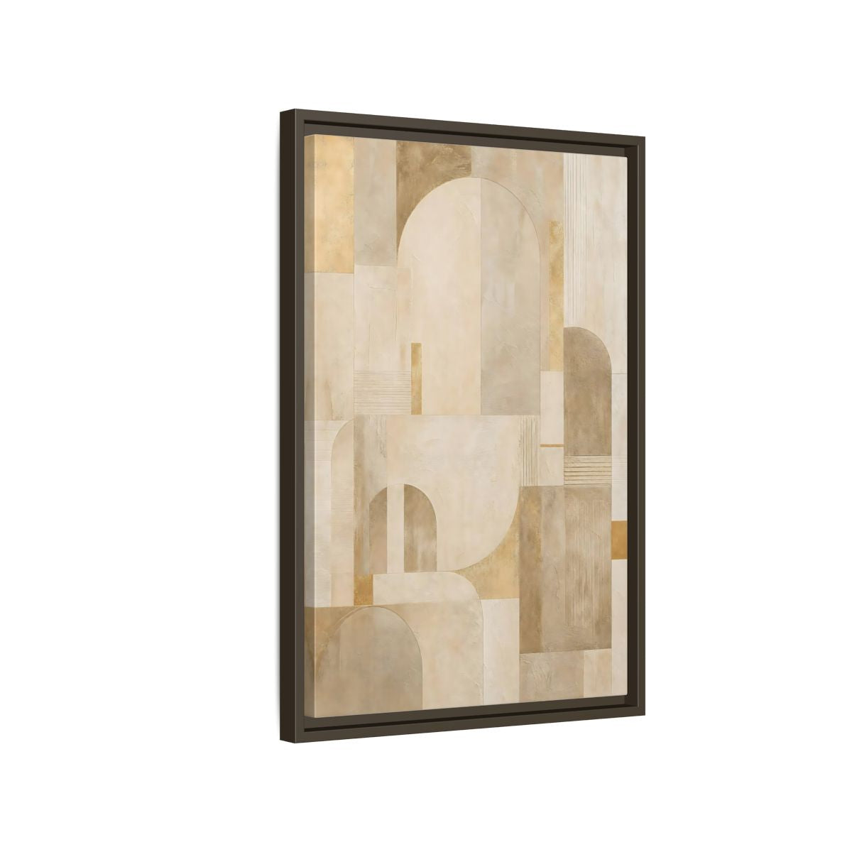 Side Mockup 2. Abstract Geometric Shapes Beige And Gold shown as stretched canvas wall art