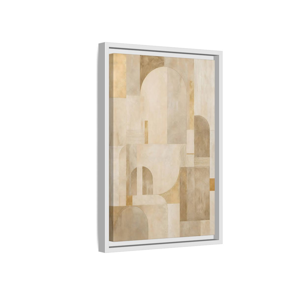 Side Mockup 4. Abstract Geometric Shapes Beige And Gold shown as stretched canvas wall art