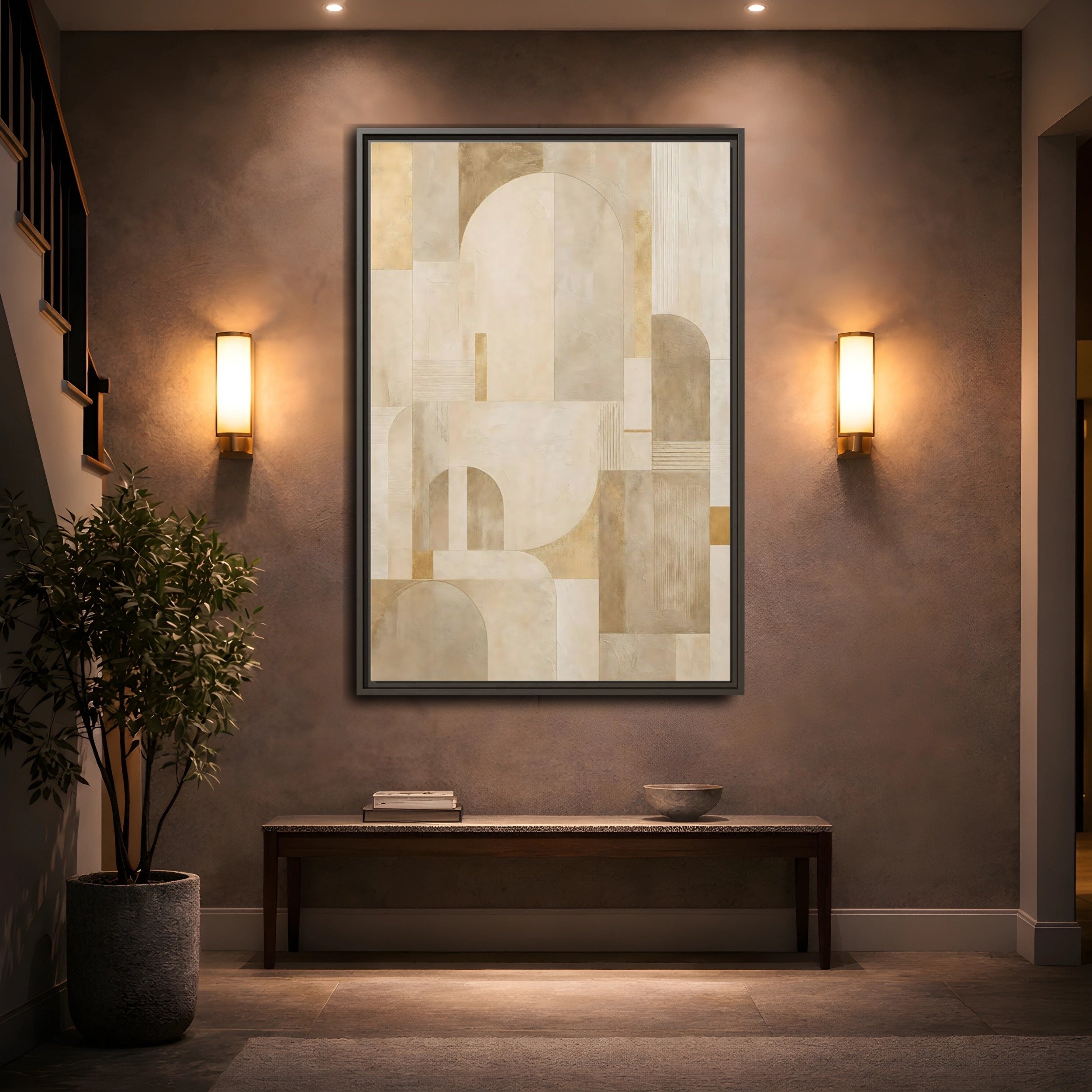 Mockup 2. Abstract Geometric Shapes Beige And Gold shown as stretched canvas wall art