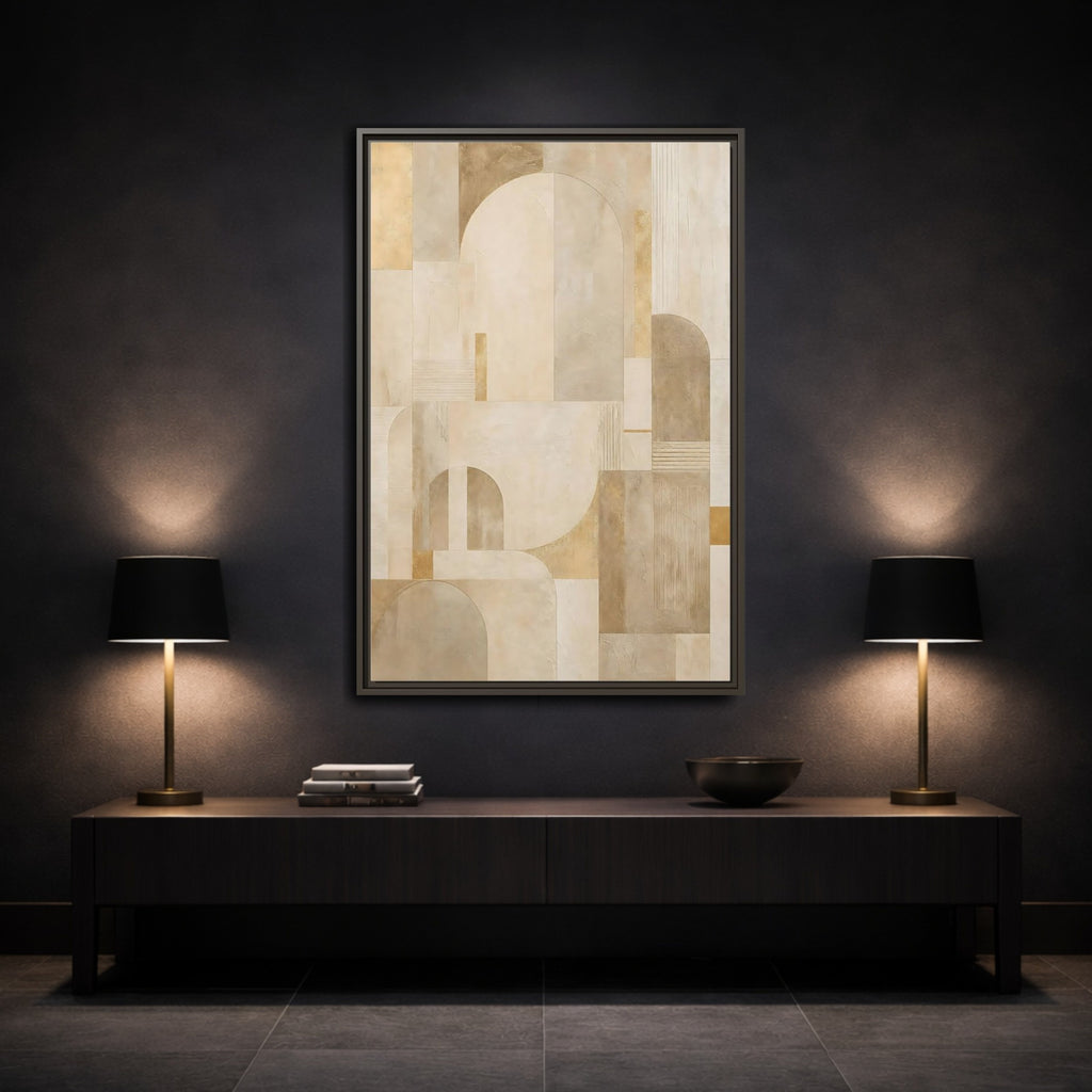 Mockup 3. Abstract Geometric Shapes Beige And Gold shown as stretched canvas wall art