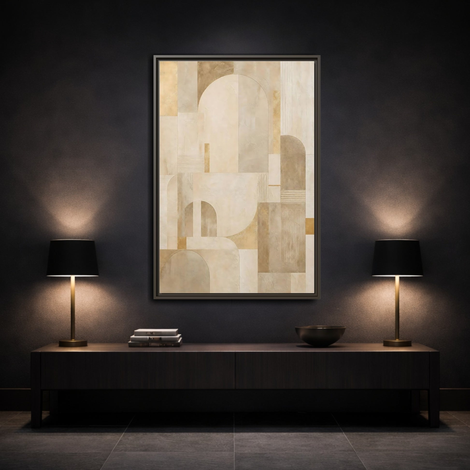 Mockup 3. Abstract Geometric Shapes Beige And Gold shown as stretched canvas wall art