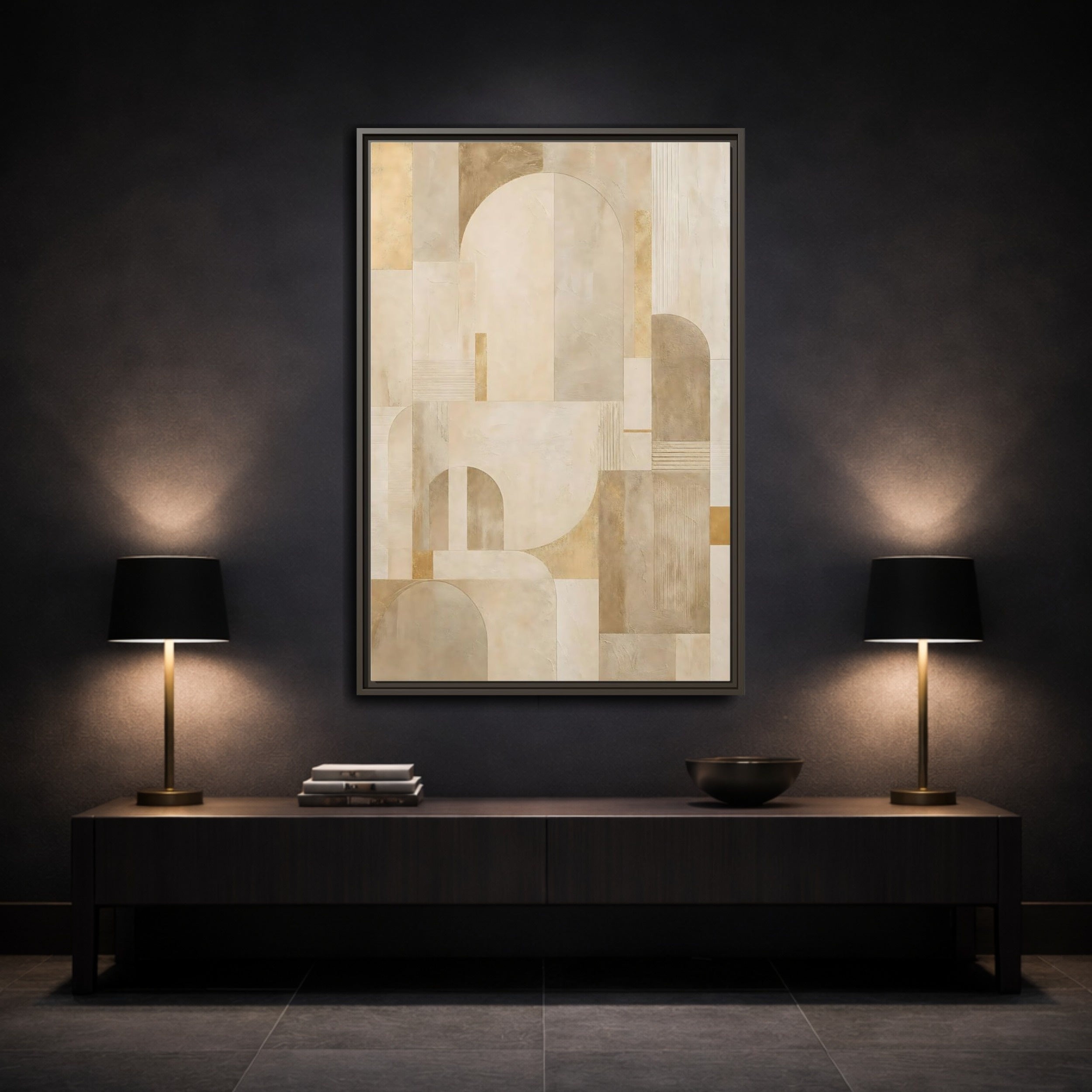 Mockup 3. Abstract Geometric Shapes Beige And Gold shown as stretched canvas wall art