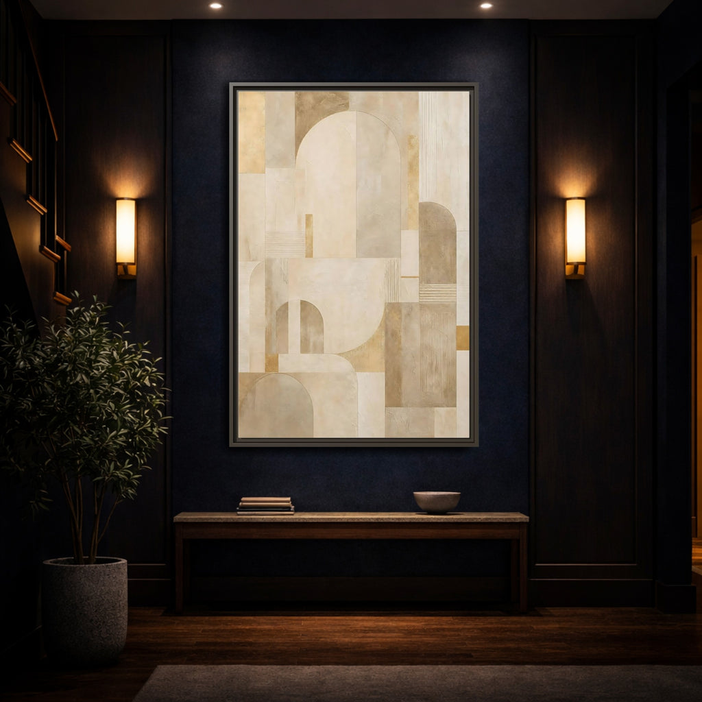 Mockup 4. Abstract Geometric Shapes Beige And Gold shown as stretched canvas wall art
