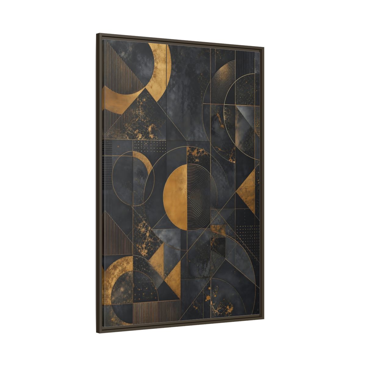 Side Mockup 8. Abstract Geometric Shapes Black And Gold Geometric shown as stretched canvas wall art