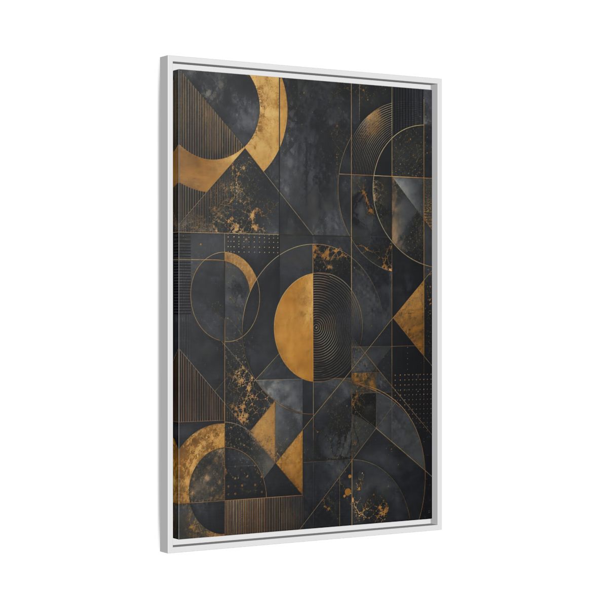 Side Mockup 9. Abstract Geometric Shapes Black And Gold Geometric shown as stretched canvas wall art