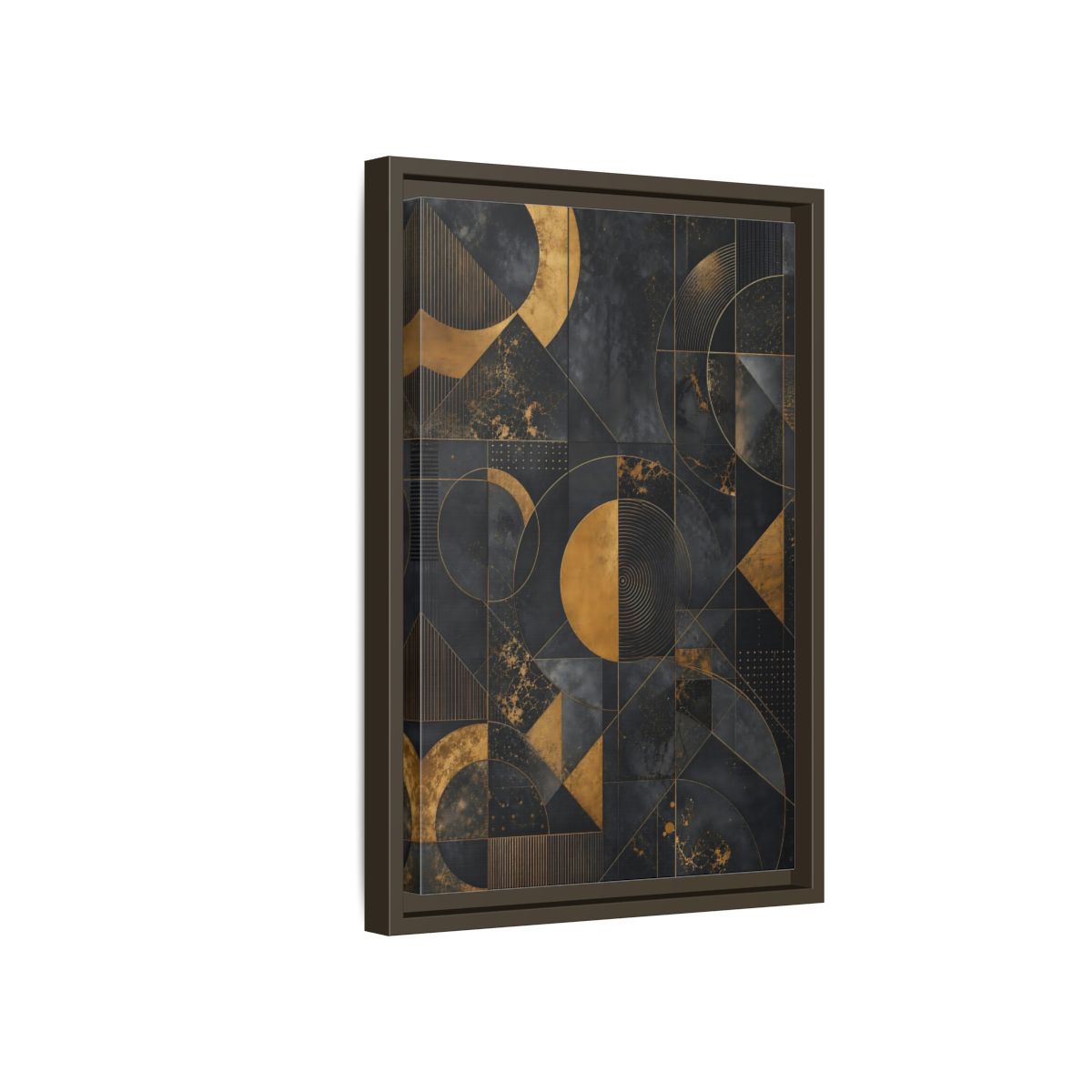 Side Mockup 5. Abstract Geometric Shapes Black And Gold Geometric shown as stretched canvas wall art