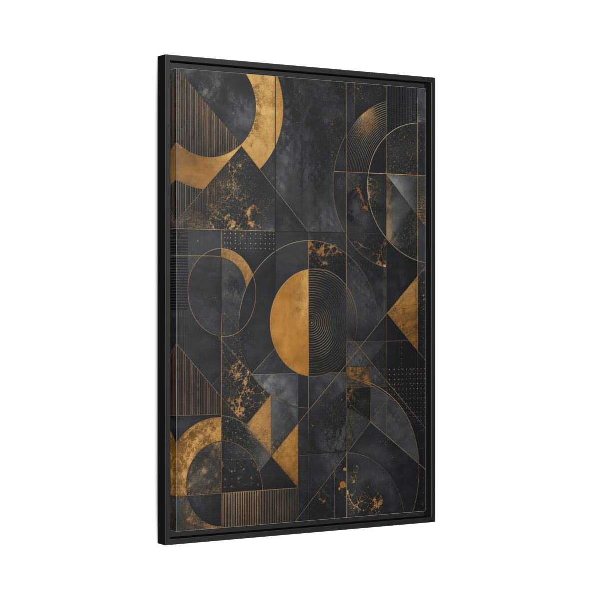 Side Mockup 13. Abstract Geometric Shapes Black And Gold Geometric shown as stretched canvas wall art