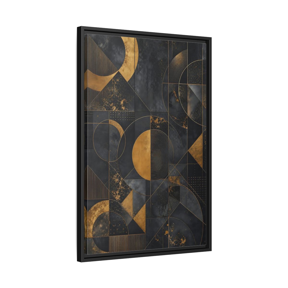 Side Mockup 14. Abstract Geometric Shapes Black And Gold Geometric shown as stretched canvas wall art