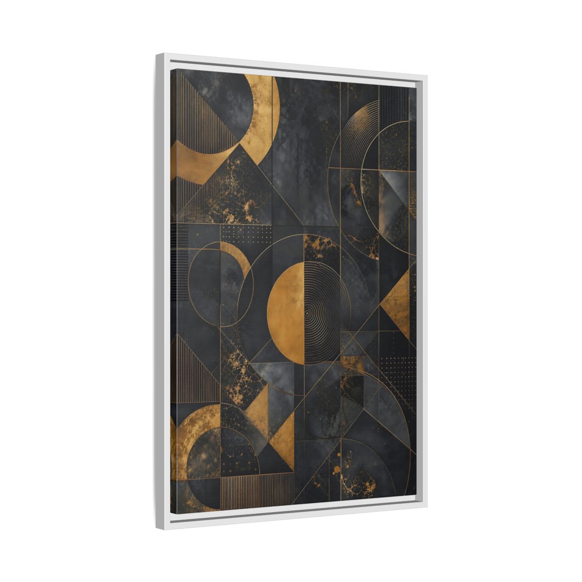 Side Mockup 10. Abstract Geometric Shapes Black And Gold Geometric shown as stretched canvas wall art