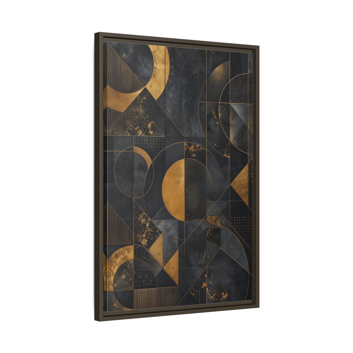 Side Mockup 11. Abstract Geometric Shapes Black And Gold Geometric shown as stretched canvas wall art