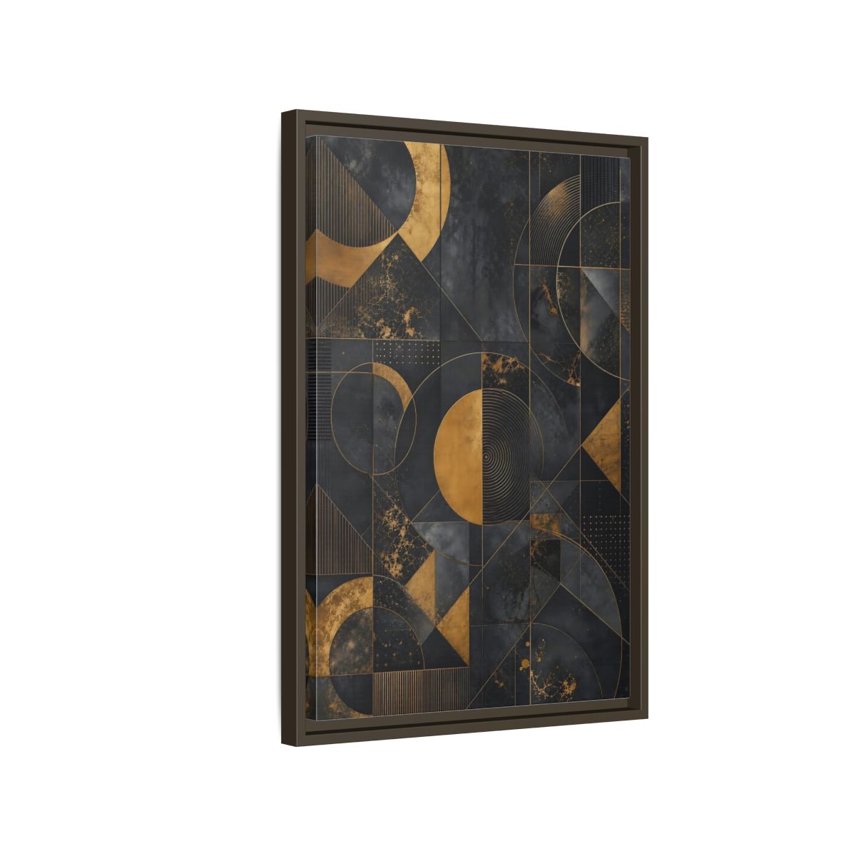 Side Mockup 2. Abstract Geometric Shapes Black And Gold Geometric shown as stretched canvas wall art