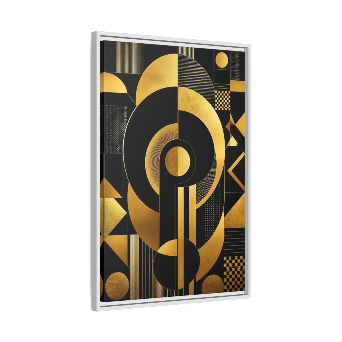 Side Mockup 10. Abstract Geometric Shapes Black And Gold Geometric shown as stretched canvas wall art