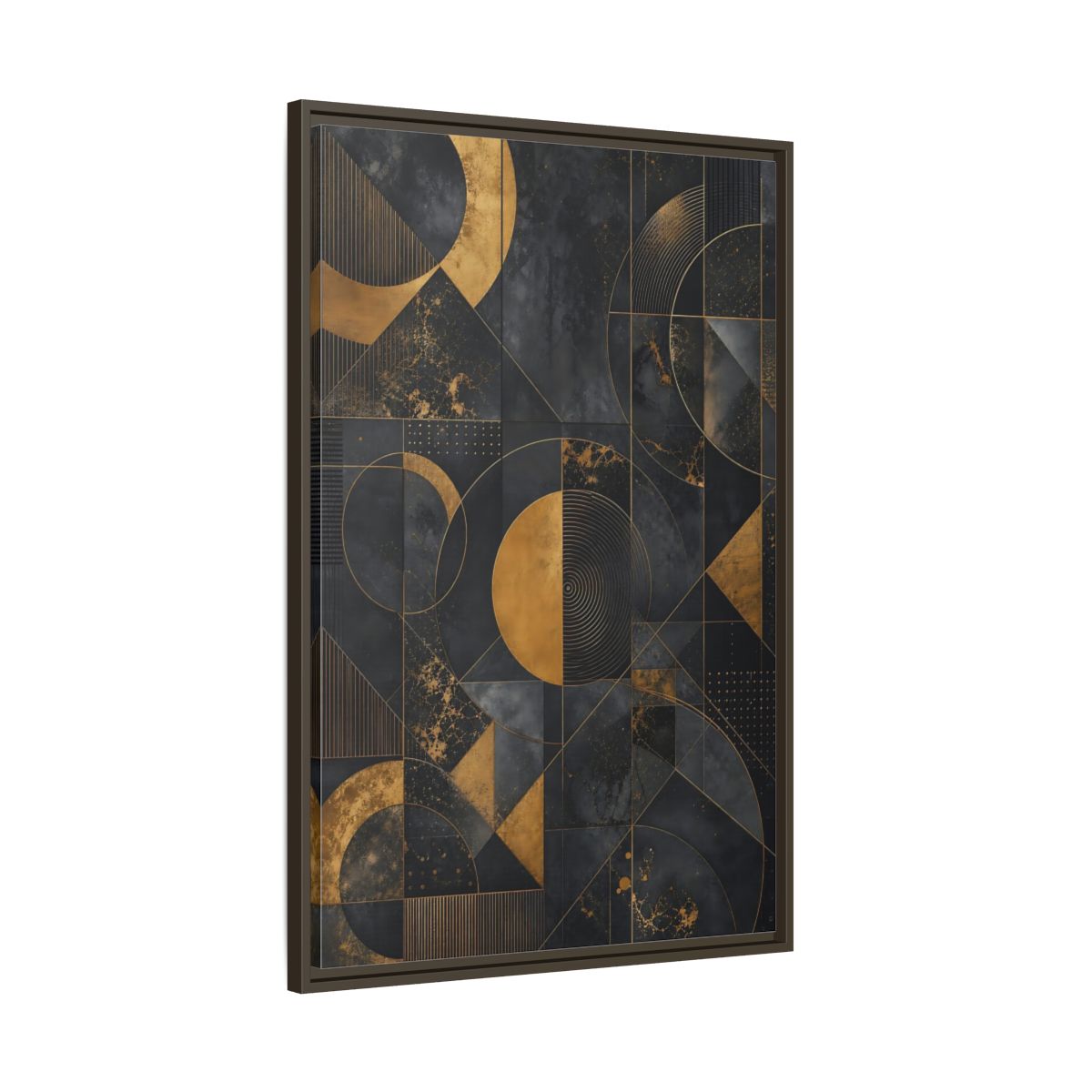 Main Mockup. Abstract Geometric Shapes Black And Gold Geometric shown as stretched canvas wall art
