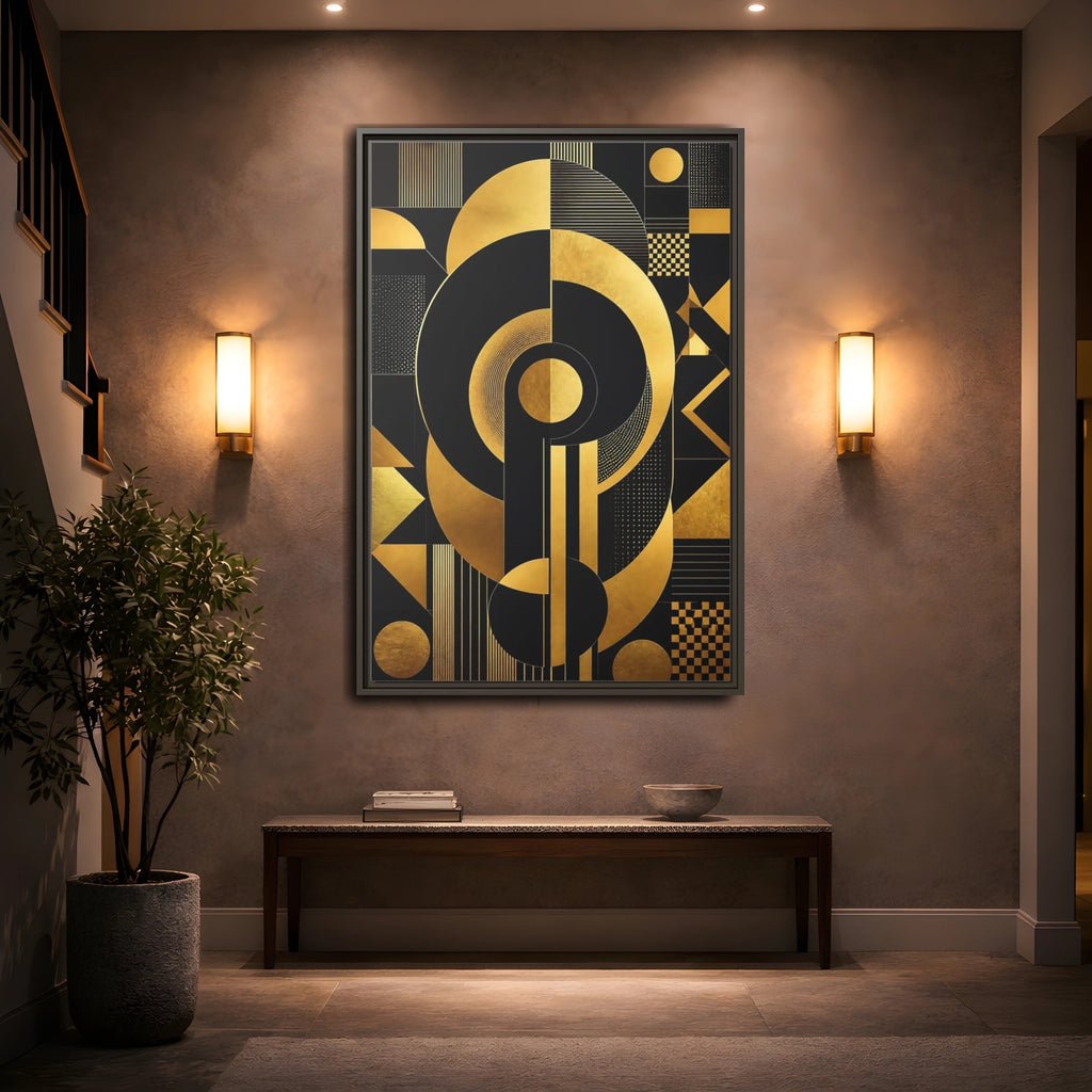 Mockup 2. Abstract Geometric Shapes Black And Gold Geometric shown as stretched canvas wall art