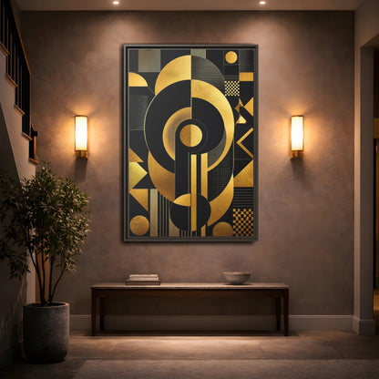 Mockup 2. Abstract Geometric Shapes Black And Gold Geometric shown as stretched canvas wall art