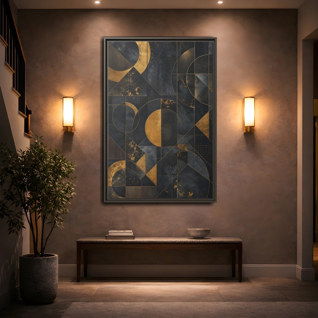 Mockup 2. Abstract Geometric Shapes Black And Gold Geometric shown as stretched canvas wall art