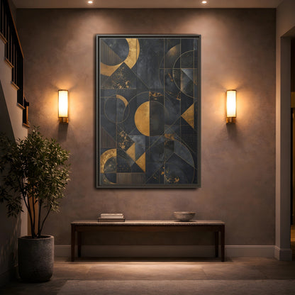 Mockup 2. Abstract Geometric Shapes Black And Gold Geometric shown as stretched canvas wall art