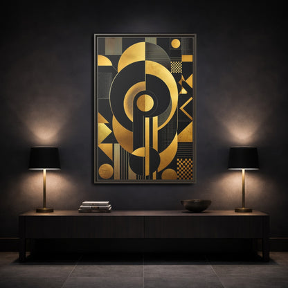 Mockup 3. Abstract Geometric Shapes Black And Gold Geometric shown as stretched canvas wall art