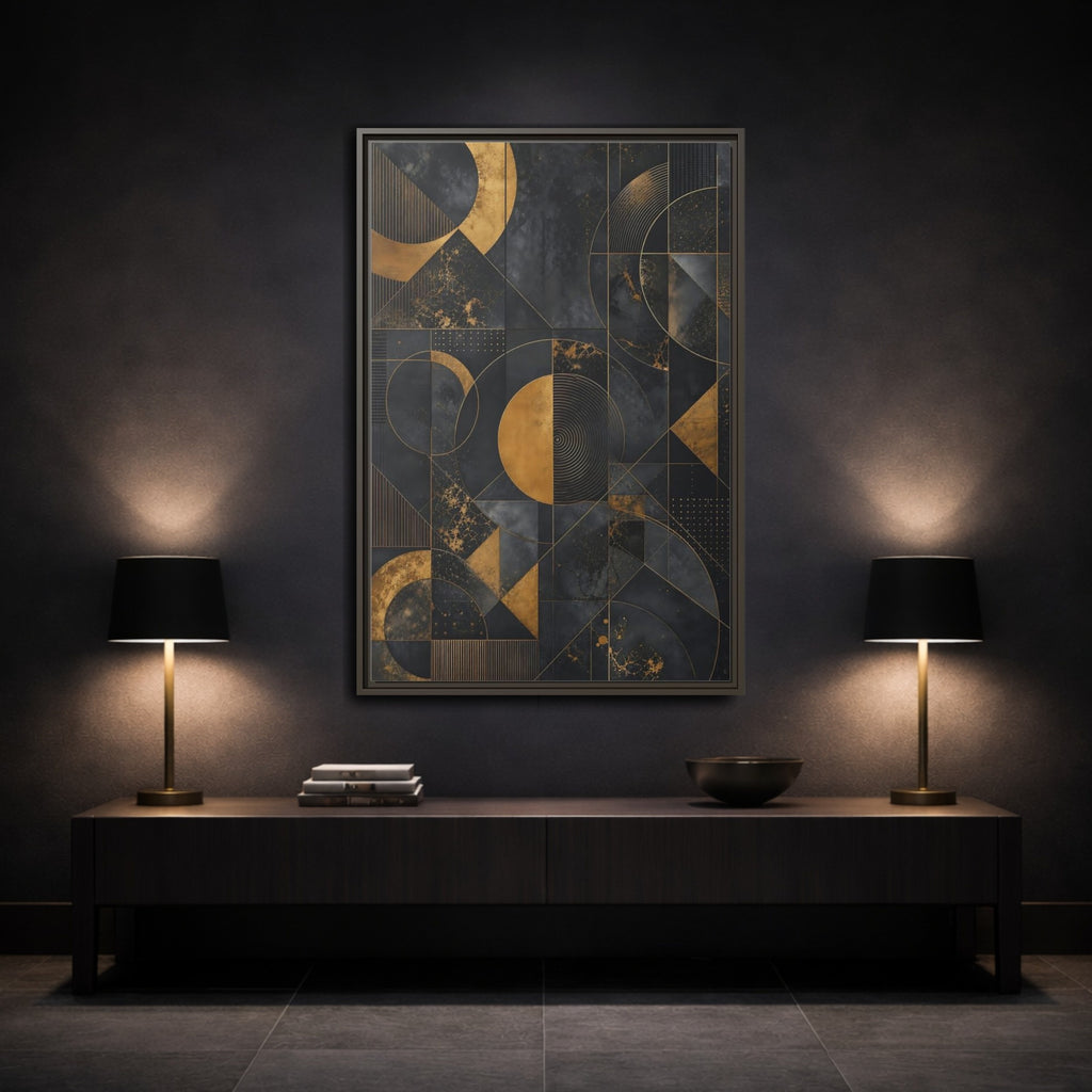 Mockup 3. Abstract Geometric Shapes Black And Gold Geometric shown as stretched canvas wall art