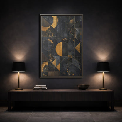 Mockup 3. Abstract Geometric Shapes Black And Gold Geometric shown as stretched canvas wall art