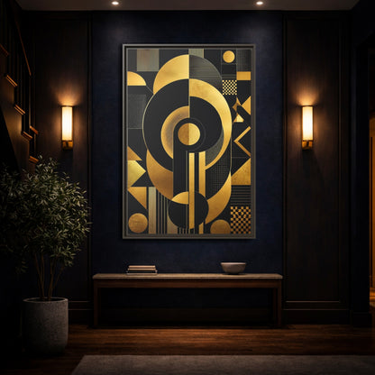 Mockup 4. Abstract Geometric Shapes Black And Gold Geometric shown as stretched canvas wall art