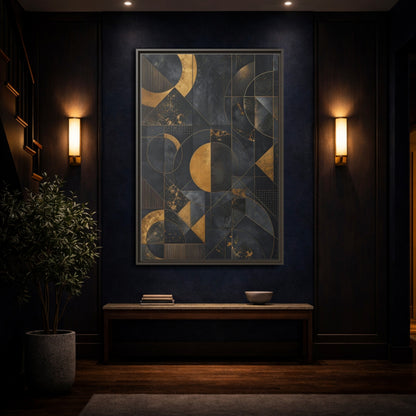 Mockup 4. Abstract Geometric Shapes Black And Gold Geometric shown as stretched canvas wall art
