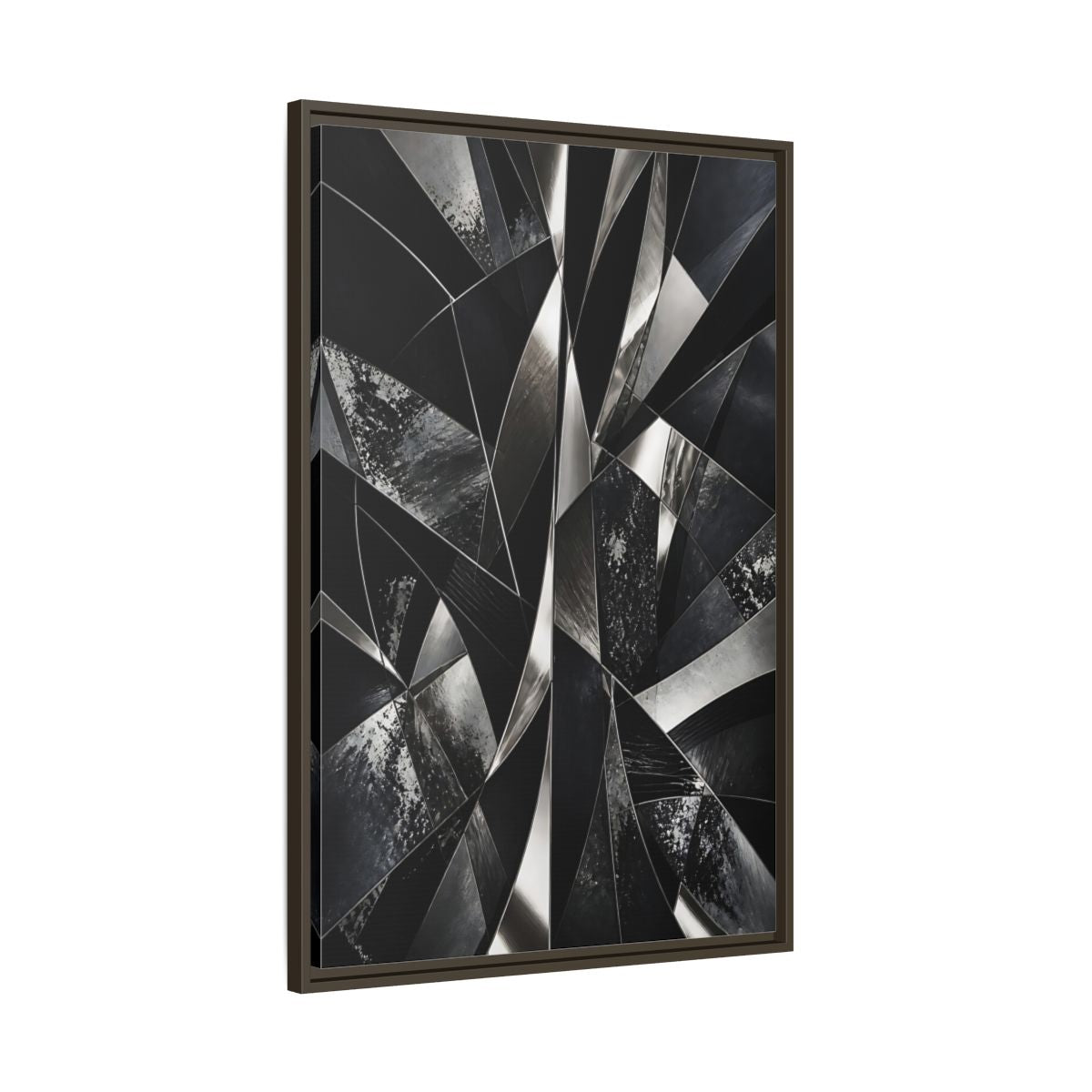Main Mockup. Abstract Geometric Shapes Black And Silver shown as stretched canvas wall art