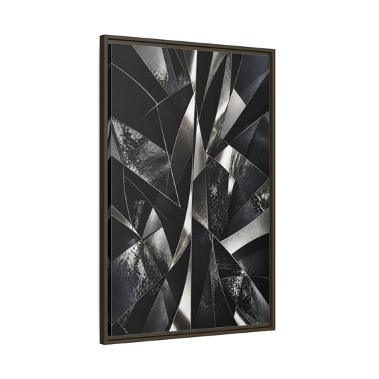 Main Mockup. Abstract Geometric Shapes Black And Silver shown as stretched canvas wall art
