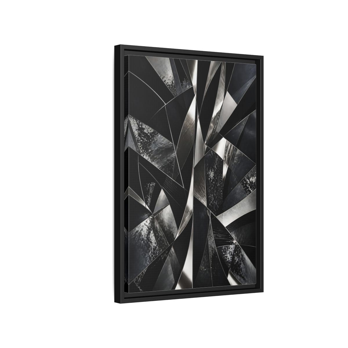 Side Mockup 3. Abstract Geometric Shapes Black And Silver shown as stretched canvas wall art