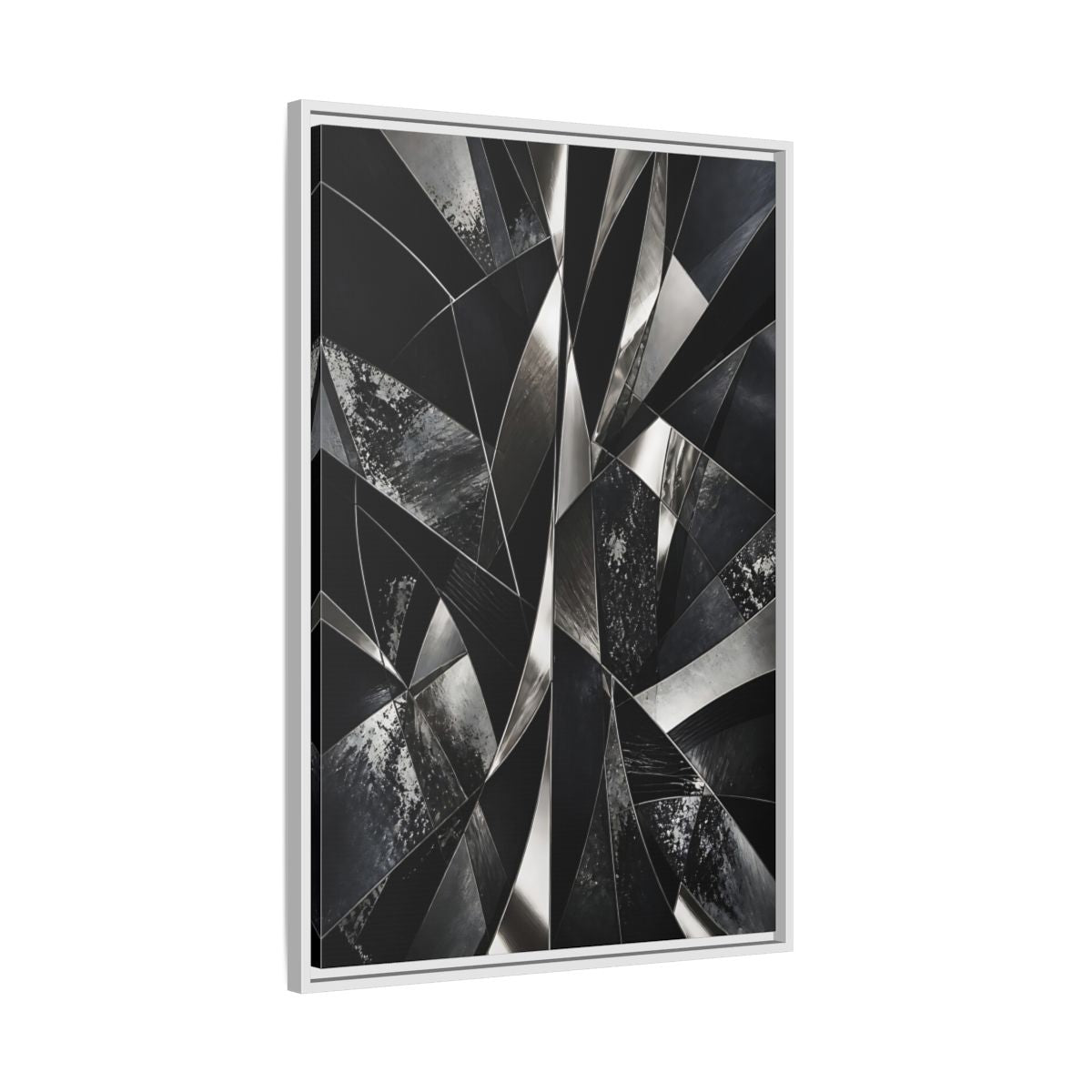 Side Mockup 9. Abstract Geometric Shapes Black And Silver shown as stretched canvas wall art