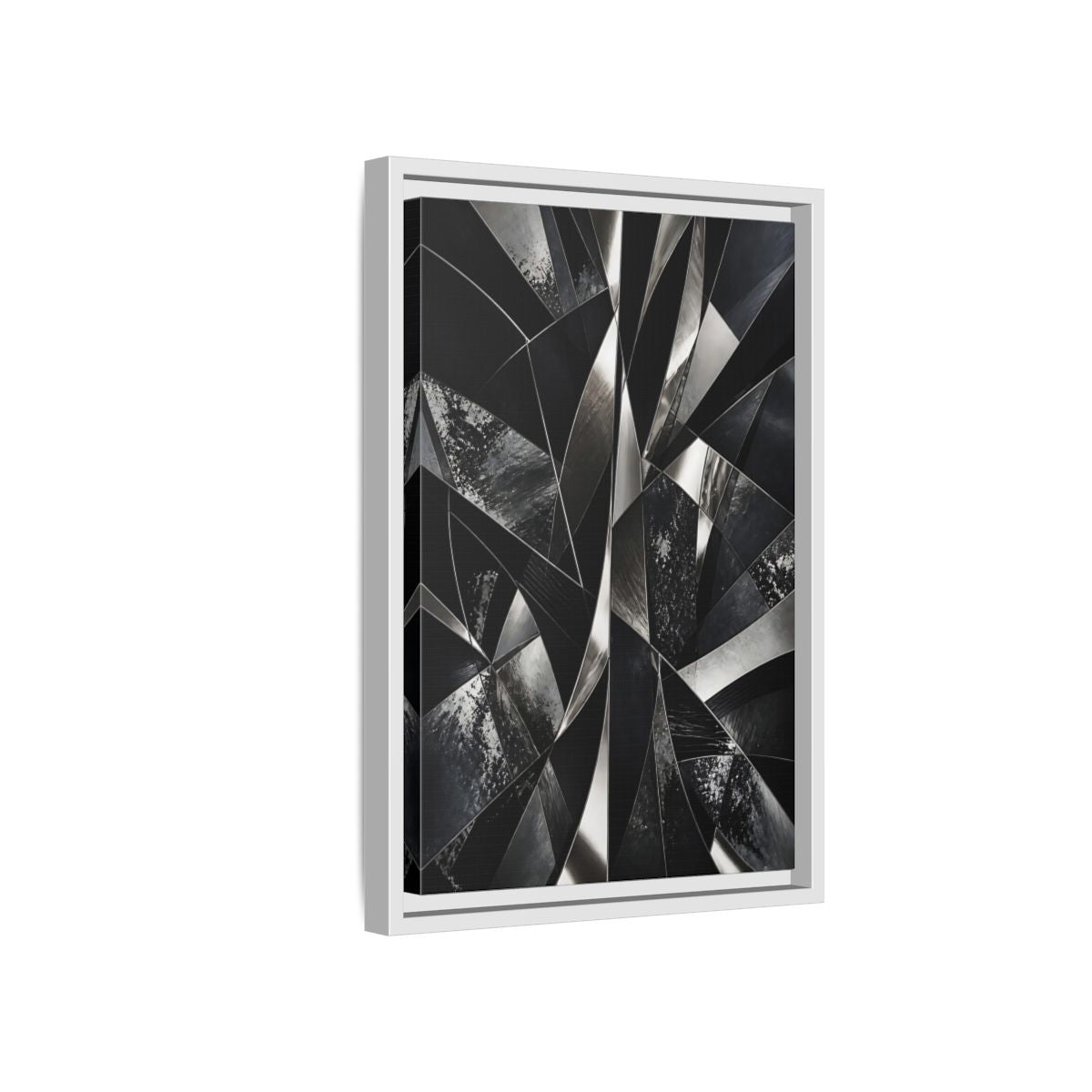 Side Mockup 4. Abstract Geometric Shapes Black And Silver shown as stretched canvas wall art