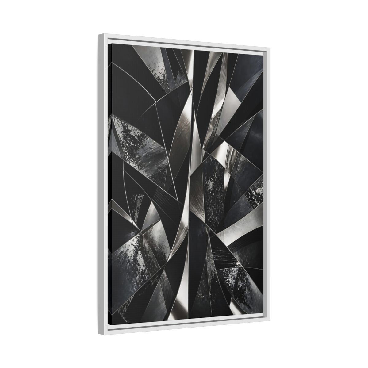 Side Mockup 10. Abstract Geometric Shapes Black And Silver shown as stretched canvas wall art