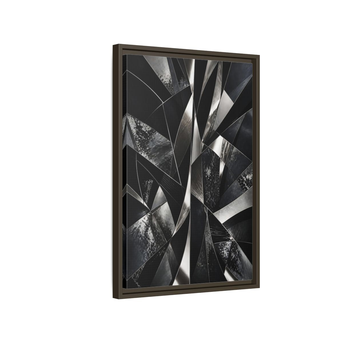 Side Mockup 2. Abstract Geometric Shapes Black And Silver shown as stretched canvas wall art