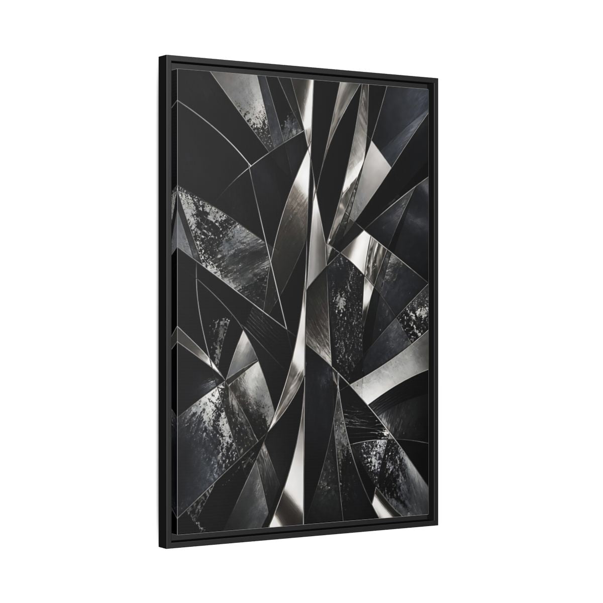 Side Mockup 13. Abstract Geometric Shapes Black And Silver shown as stretched canvas wall art
