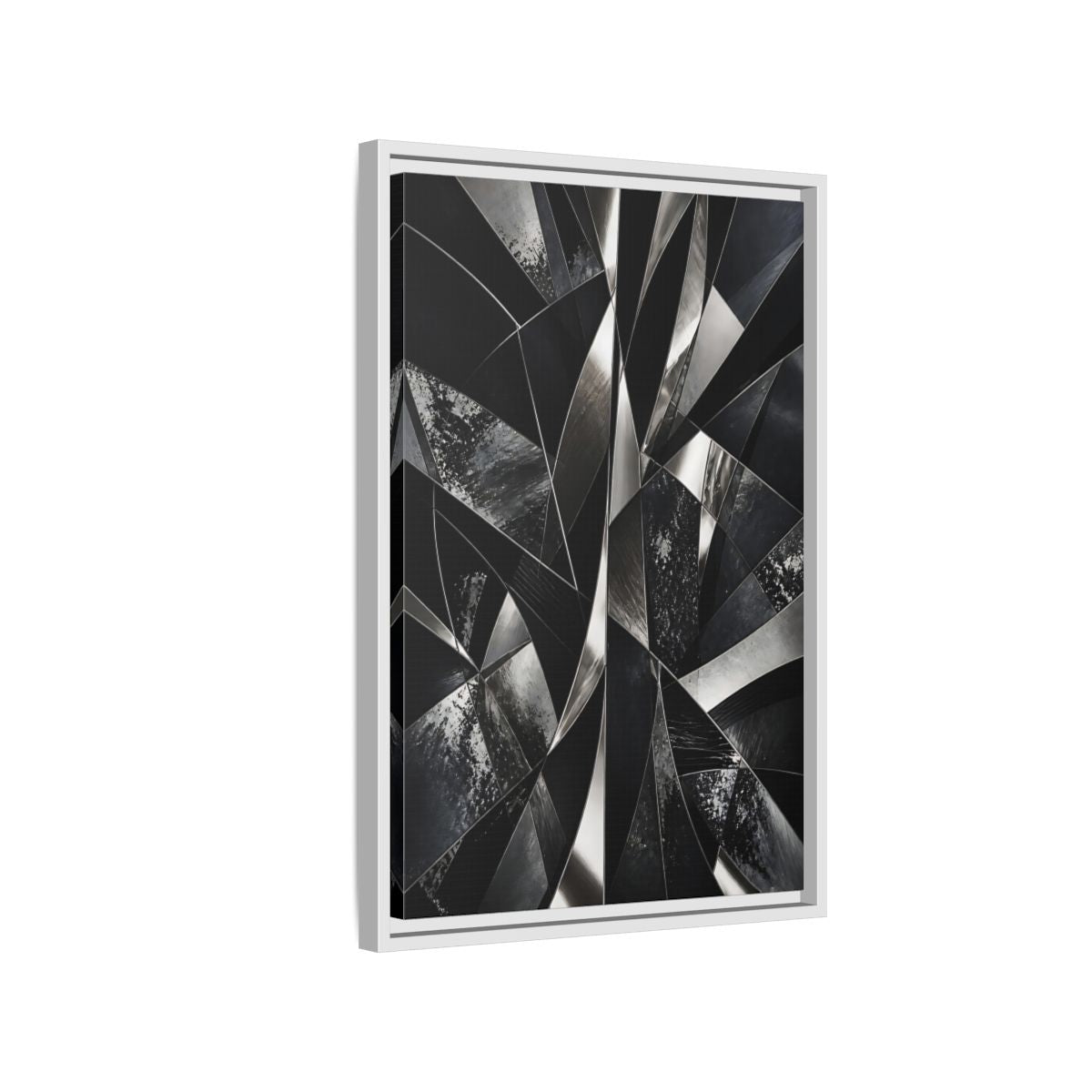 Side Mockup 1. Abstract Geometric Shapes Black And Silver shown as stretched canvas wall art