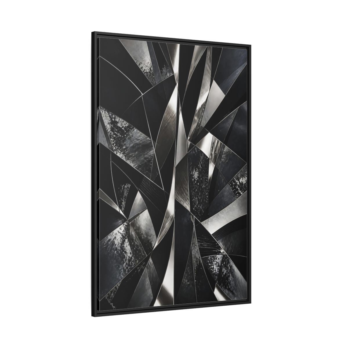 Side Mockup 12. Abstract Geometric Shapes Black And Silver shown as stretched canvas wall art