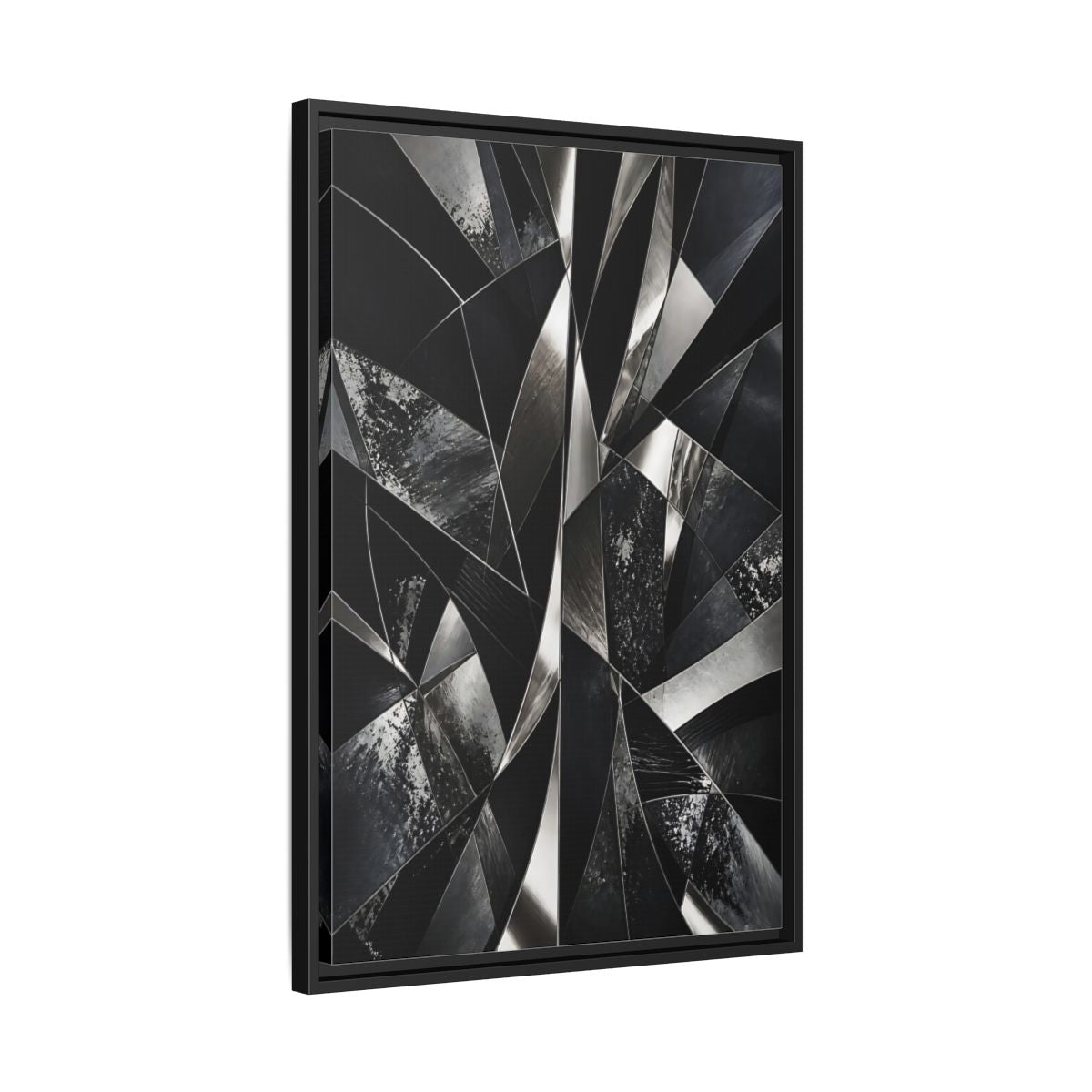 Side Mockup 14. Abstract Geometric Shapes Black And Silver shown as stretched canvas wall art