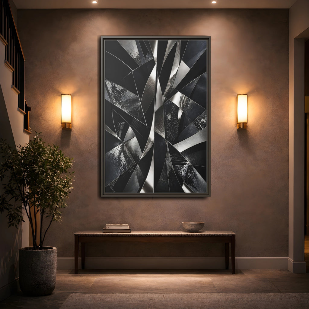 Mockup 2. Abstract Geometric Shapes Black And Silver shown as stretched canvas wall art