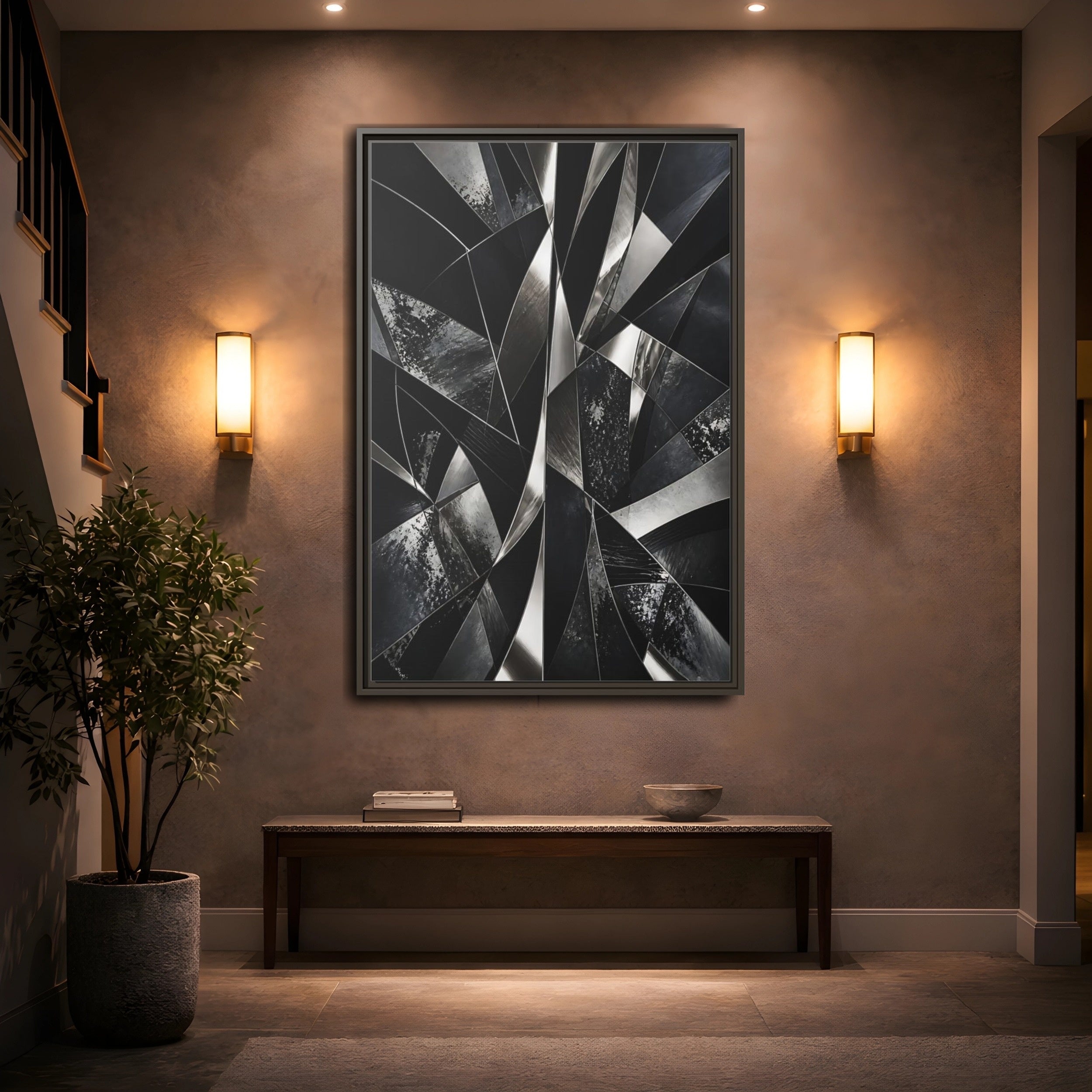 Mockup 2. Abstract Geometric Shapes Black And Silver shown as stretched canvas wall art