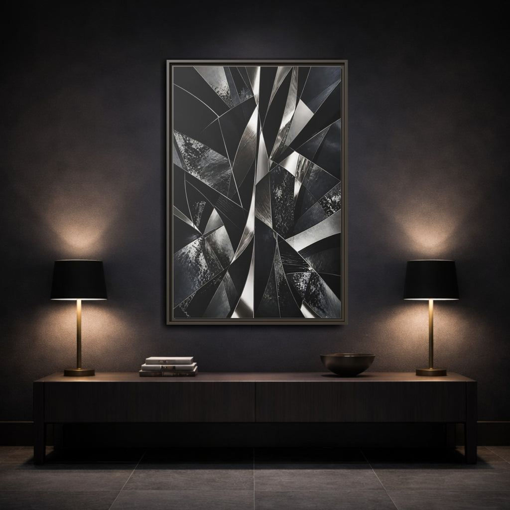 Mockup 3. Abstract Geometric Shapes Black And Silver shown as stretched canvas wall art