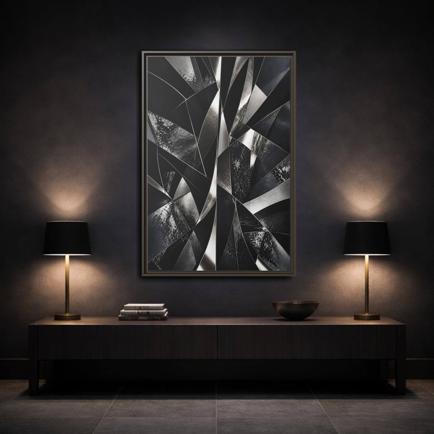 Mockup 3. Abstract Geometric Shapes Black And Silver shown as stretched canvas wall art
