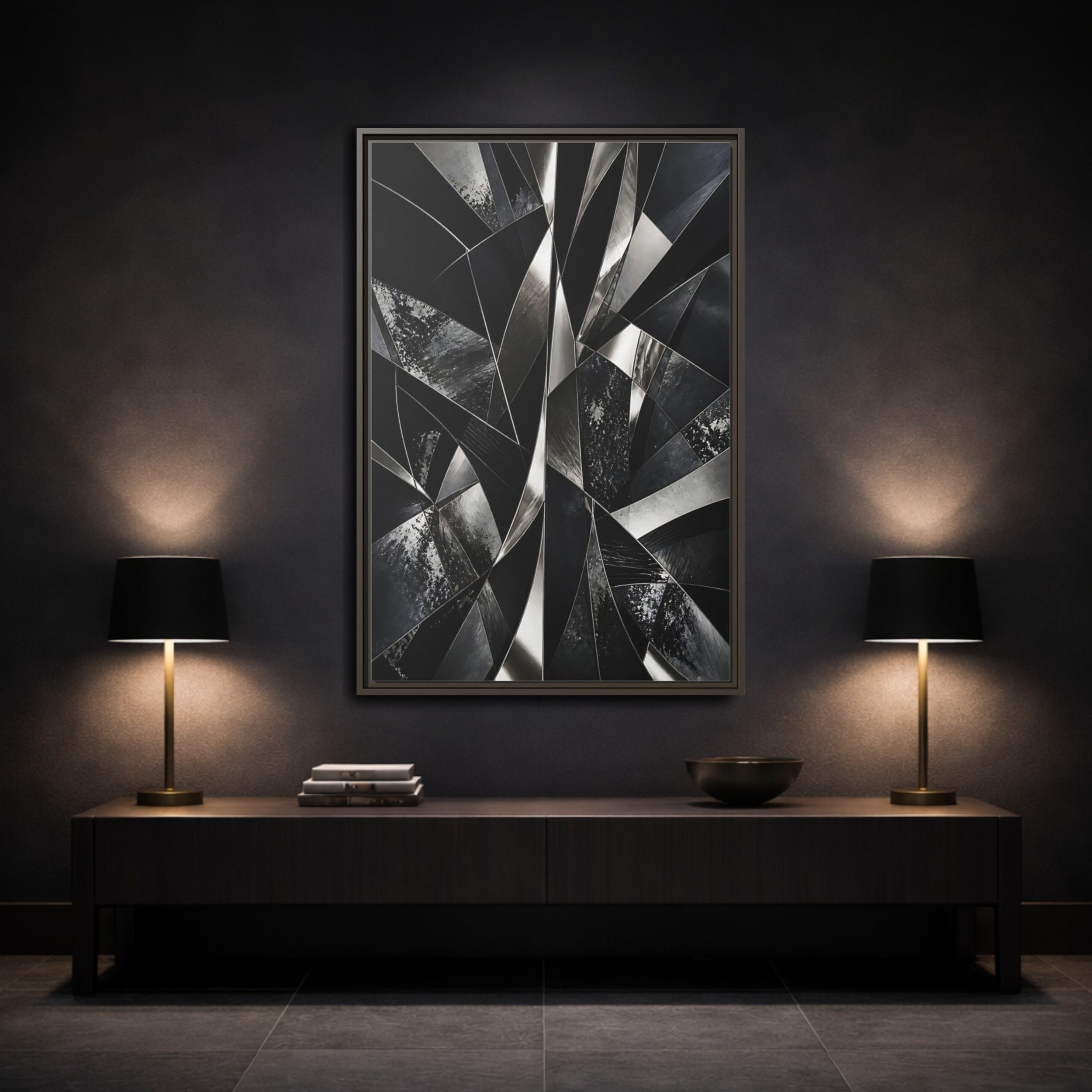 Mockup 3. Abstract Geometric Shapes Black And Silver shown as stretched canvas wall art