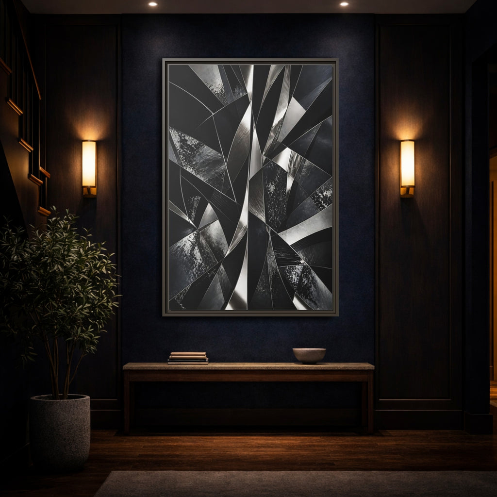 Mockup 4. Abstract Geometric Shapes Black And Silver shown as stretched canvas wall art