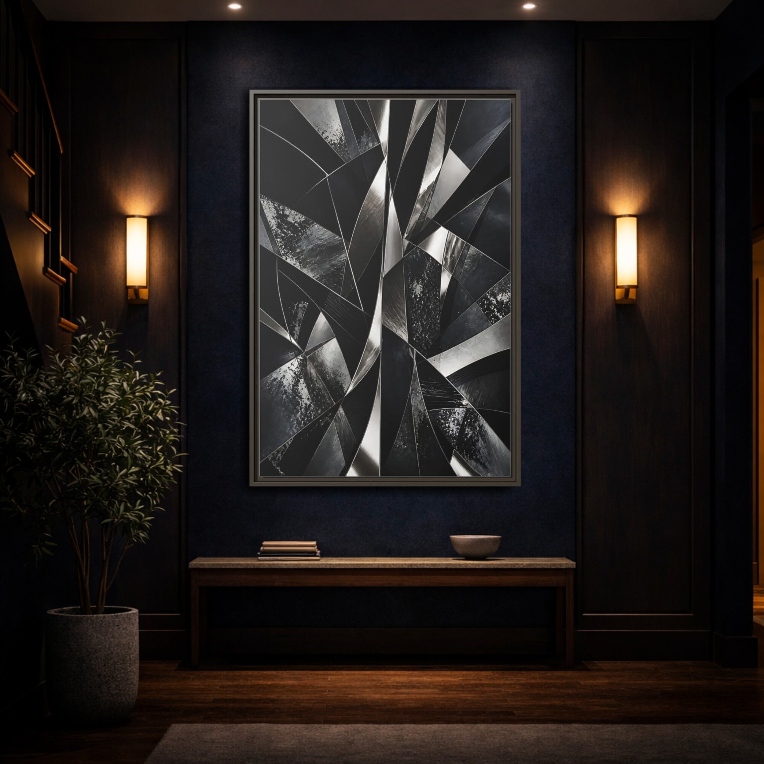 Mockup 4. Abstract Geometric Shapes Black And Silver shown as stretched canvas wall art