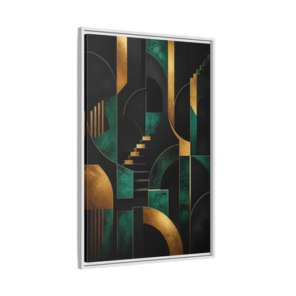 Side Mockup 9. Abstract Geometric Shapes Black Gold Emerald Green shown as stretched canvas wall art