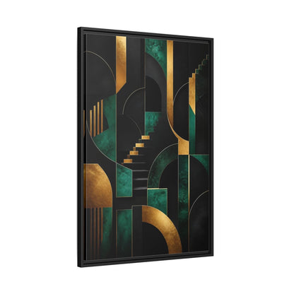 Side Mockup 13. Abstract Geometric Shapes Black Gold Emerald Green shown as stretched canvas wall art