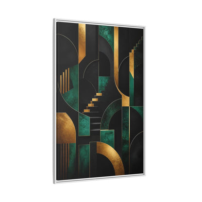Side Mockup 7. Abstract Geometric Shapes Black Gold Emerald Green shown as stretched canvas wall art