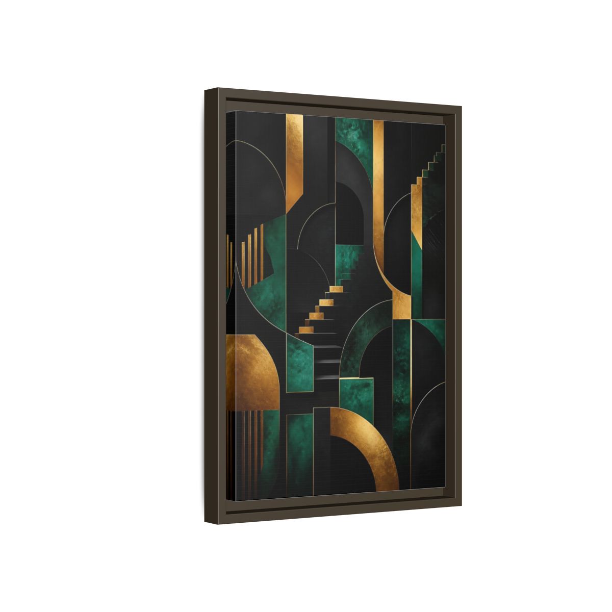 Side Mockup 5. Abstract Geometric Shapes Black Gold Emerald Green shown as stretched canvas wall art