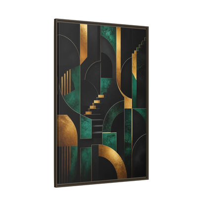 Side Mockup 8. Abstract Geometric Shapes Black Gold Emerald Green shown as stretched canvas wall art